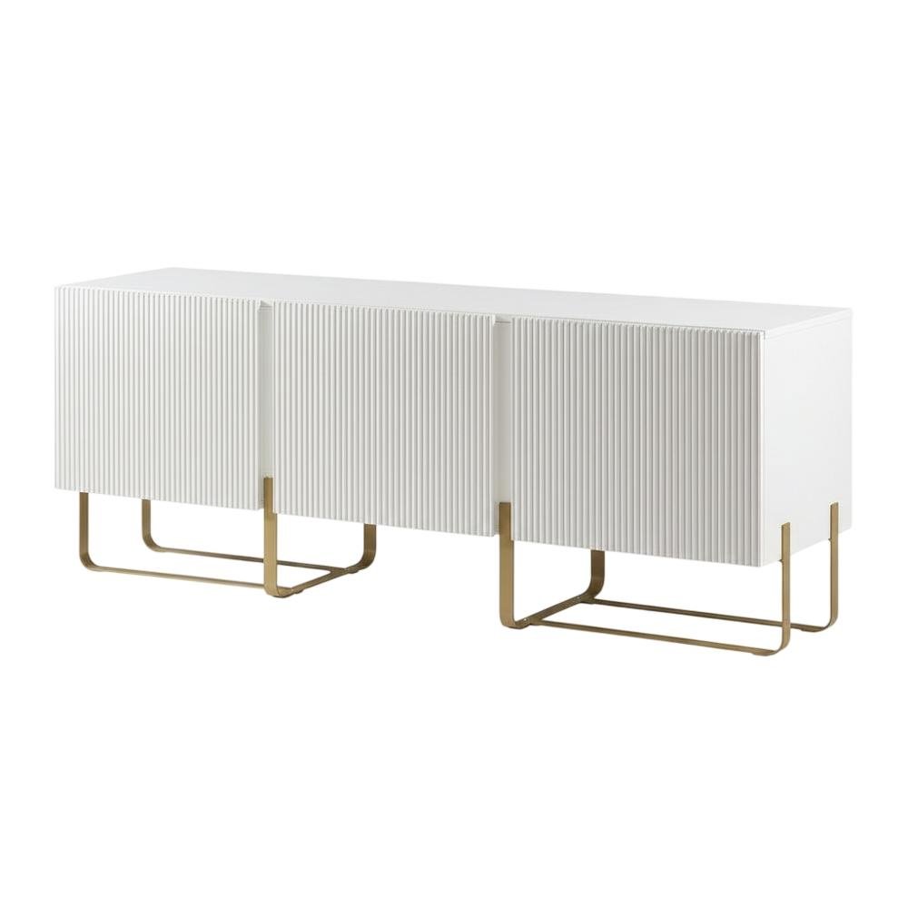 White Modern Wood TV Stand with 3 Cabinets for Living Room Storage. Picture 1