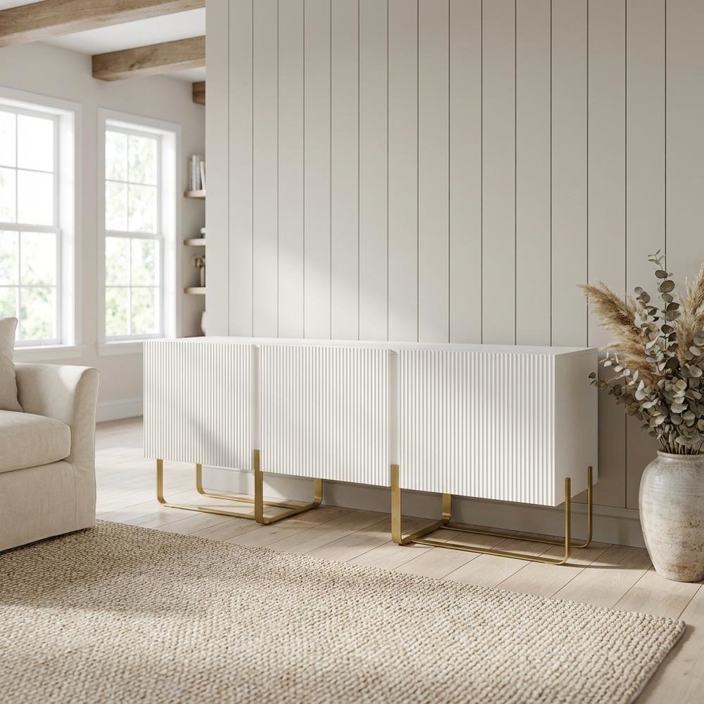 White Modern Wood TV Stand with 3 Cabinets for Living Room Storage. Picture 2