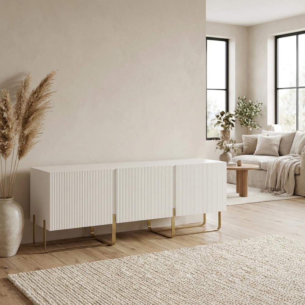 White Modern Wood TV Stand with 3 Cabinets for Living Room Storage. Picture 3