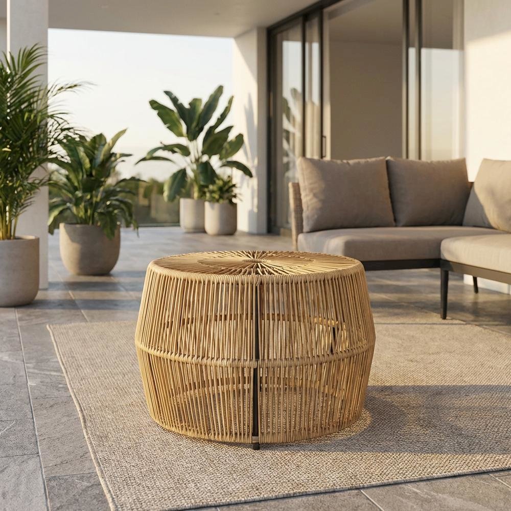 Wicker Round Outdoor Coffee Table with Durable Weave and Resistant Finish. Picture 2