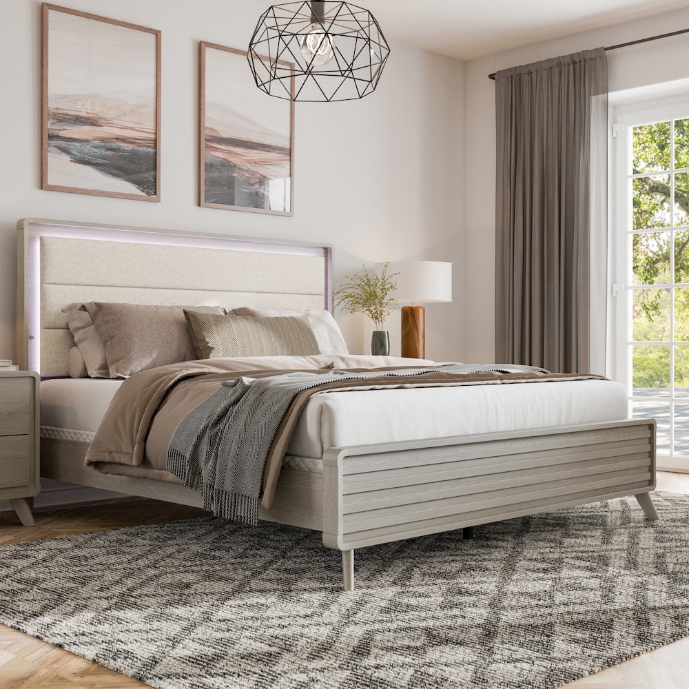 Darley Upholstered Queen Panel Bed with LED in Gray. Picture 4