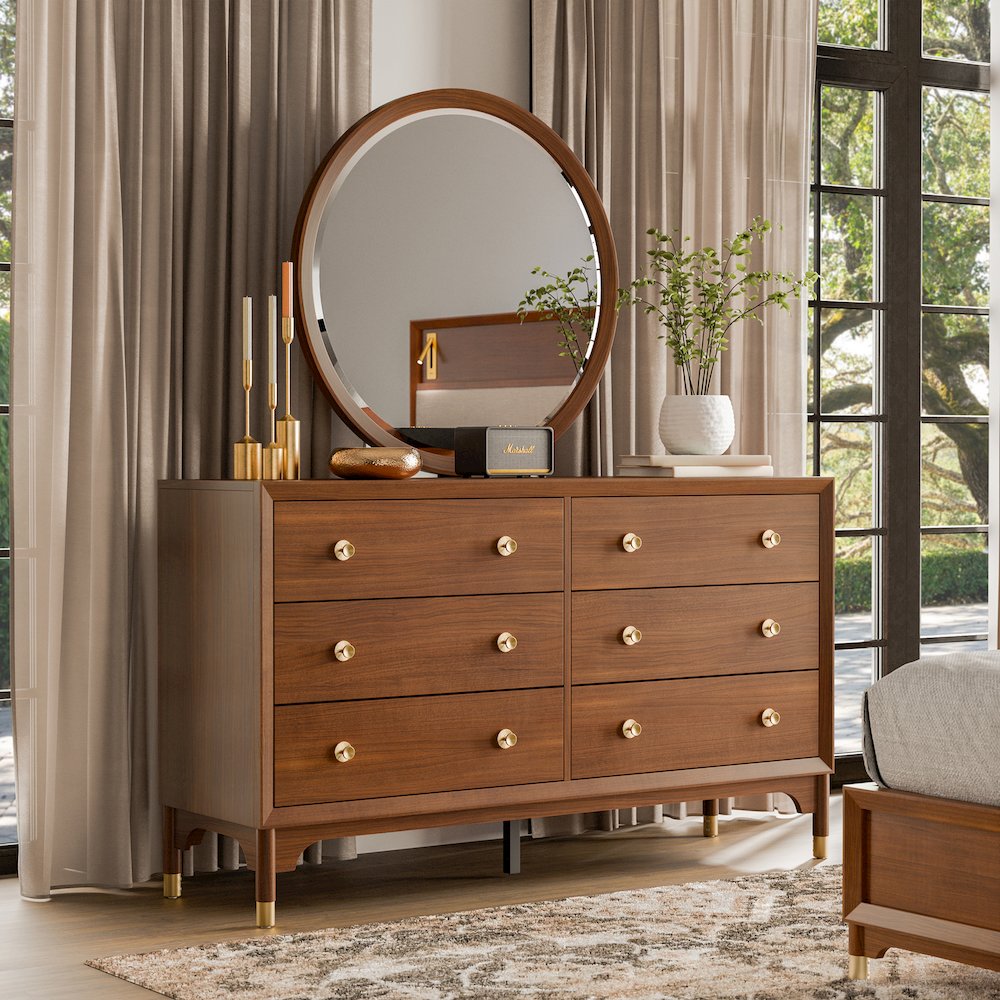 Oberlander 2-Piece Walnut 6-Drawer Dresser with Mirror Set. Picture 4