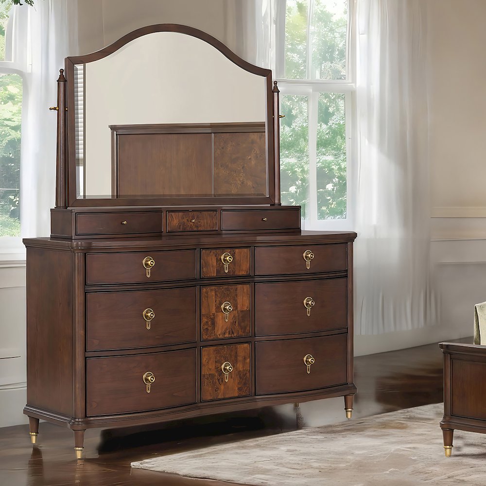 Moscote 2-Piece Dark Cherry Wood Dresser and Mirror Set. Picture 4
