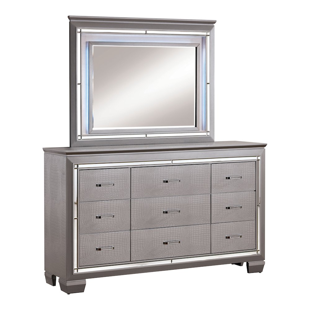 Rachel 2-Piece 9-Drawer Dresser and Mirror Set in Silver. Picture 1