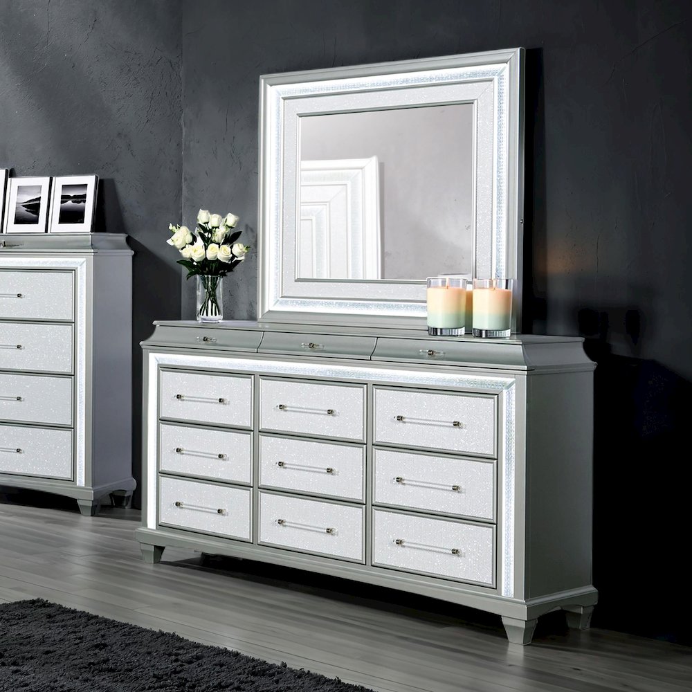 Anson Glam 2-Piece Silver Dresser and Mirror Set with LED. Picture 3