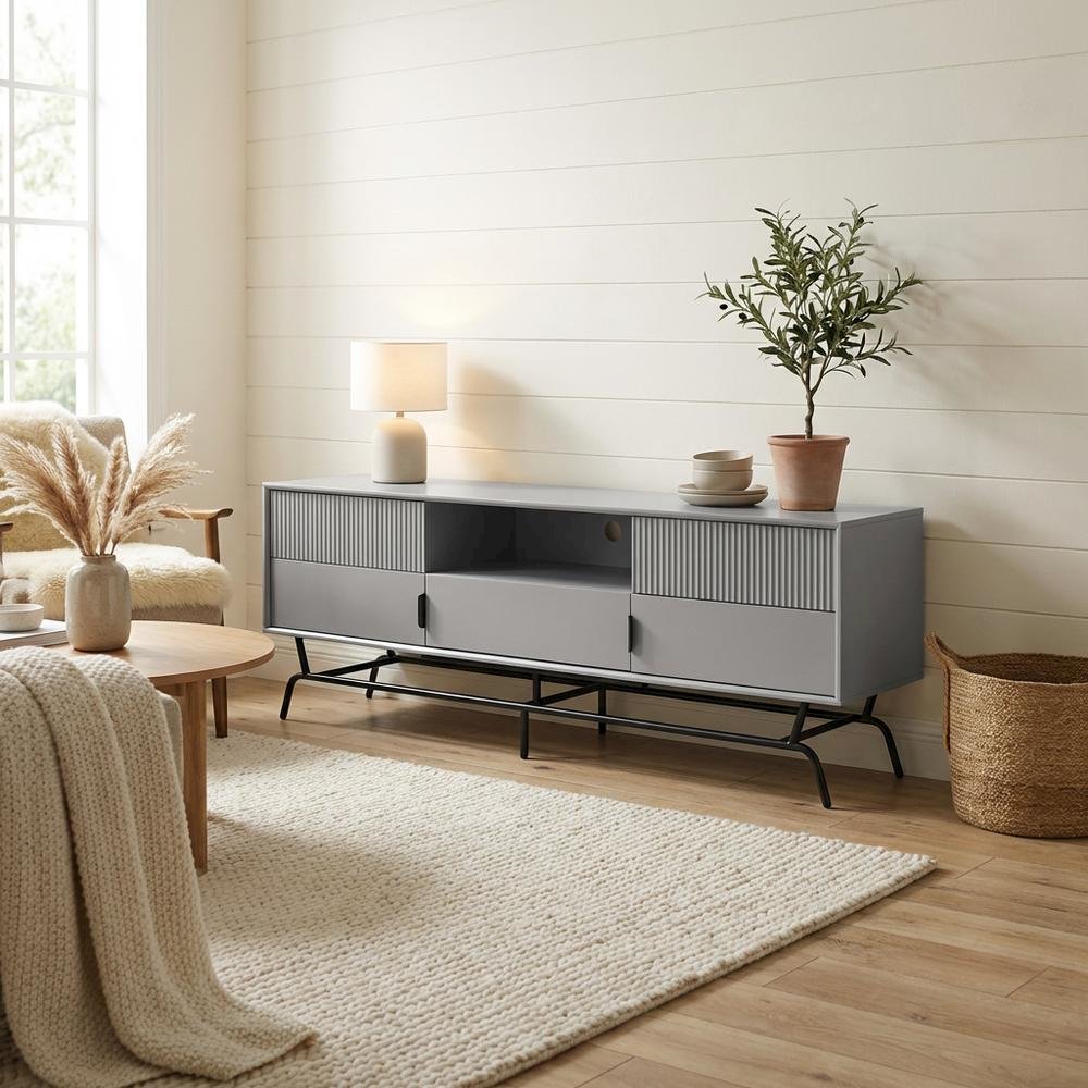 Contemporary Gray TV Stand, TVs up to 65 inches, engineered wood construction. Picture 3