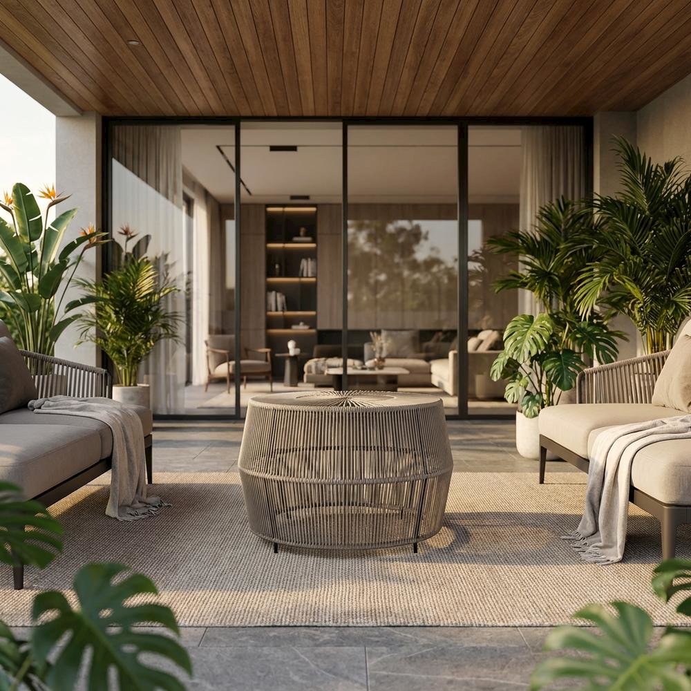 Wicker Outdoor Coffee Table with Round Design, Sturdy Build for Patio Relaxation. Picture 2