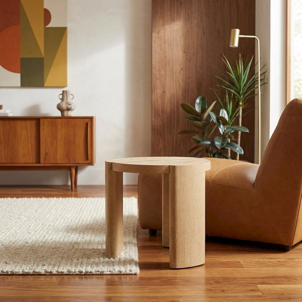 Oval wood end table with plinth base in oak finish, stylish and modern design. Picture 2