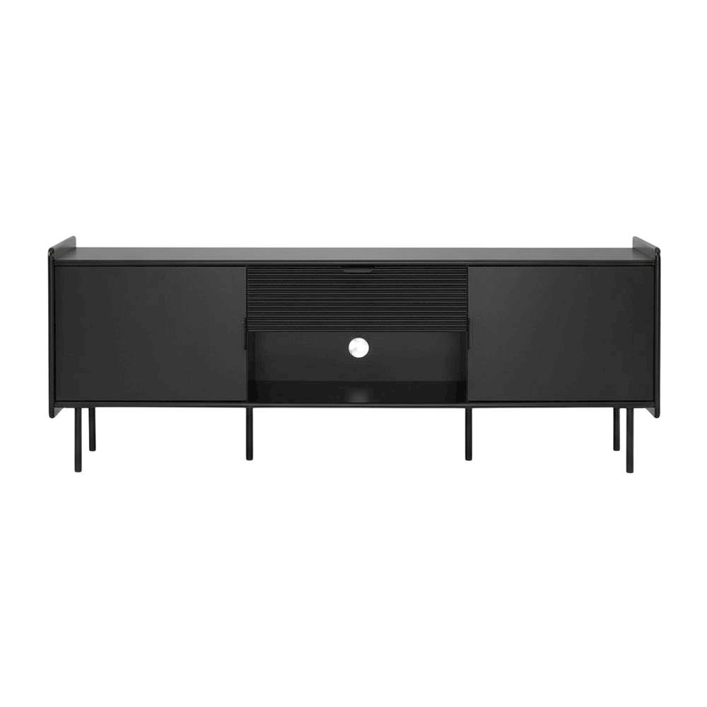 Black modern TV stand with storage drawers and cabinet doors. Picture 4