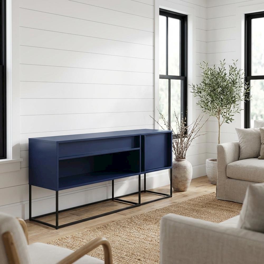 Blue TV Stand for 65-Inch TVs with LED Lighting and Engineered Wood Material. Picture 2
