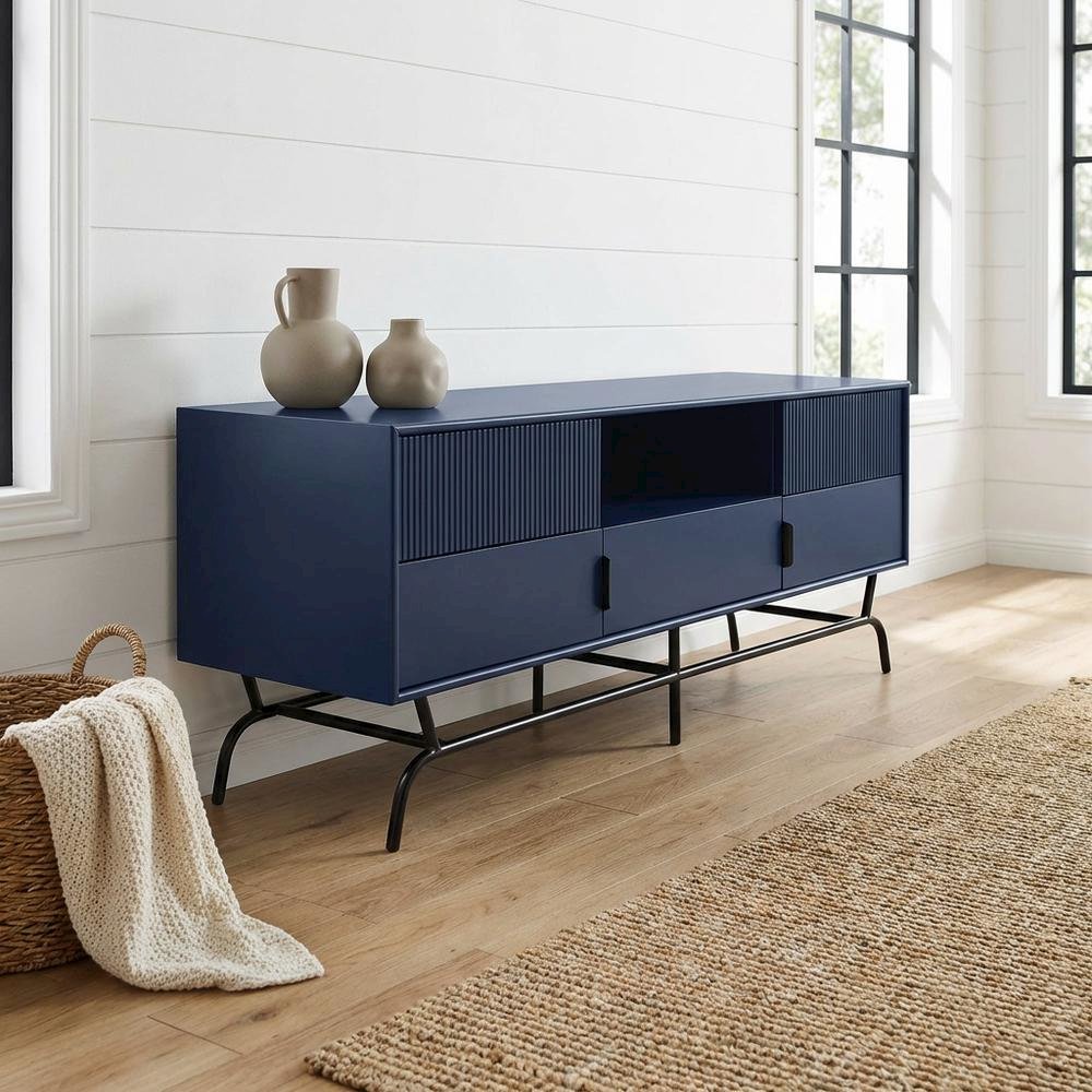 Blue TV Stand for 65-inch TVs with 3 Drawers in Engineered Wood. Picture 2