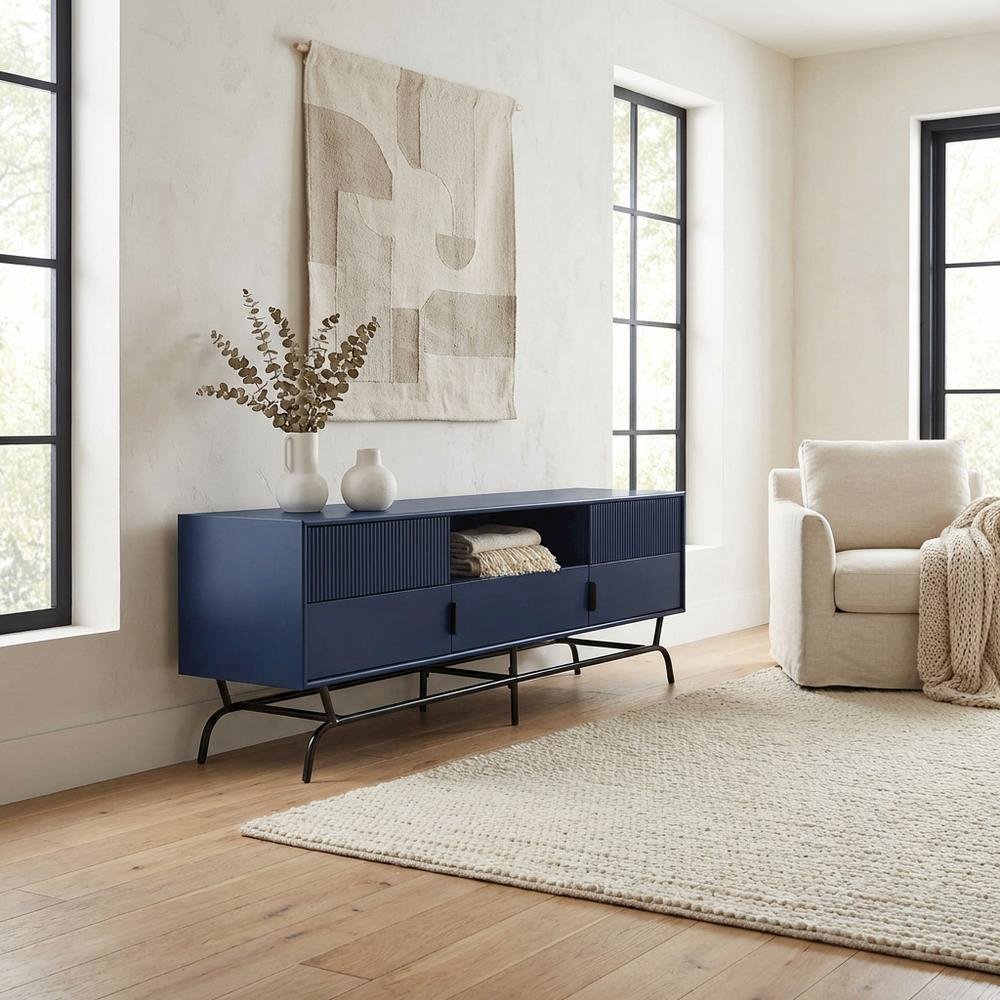 Blue TV Stand for 65-inch TVs with 3 Drawers in Engineered Wood. Picture 3