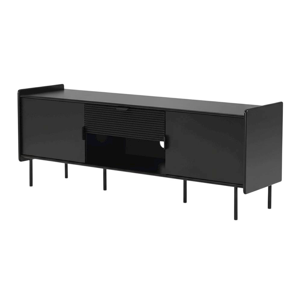 Black modern TV stand with storage drawers and cabinet doors. Picture 1