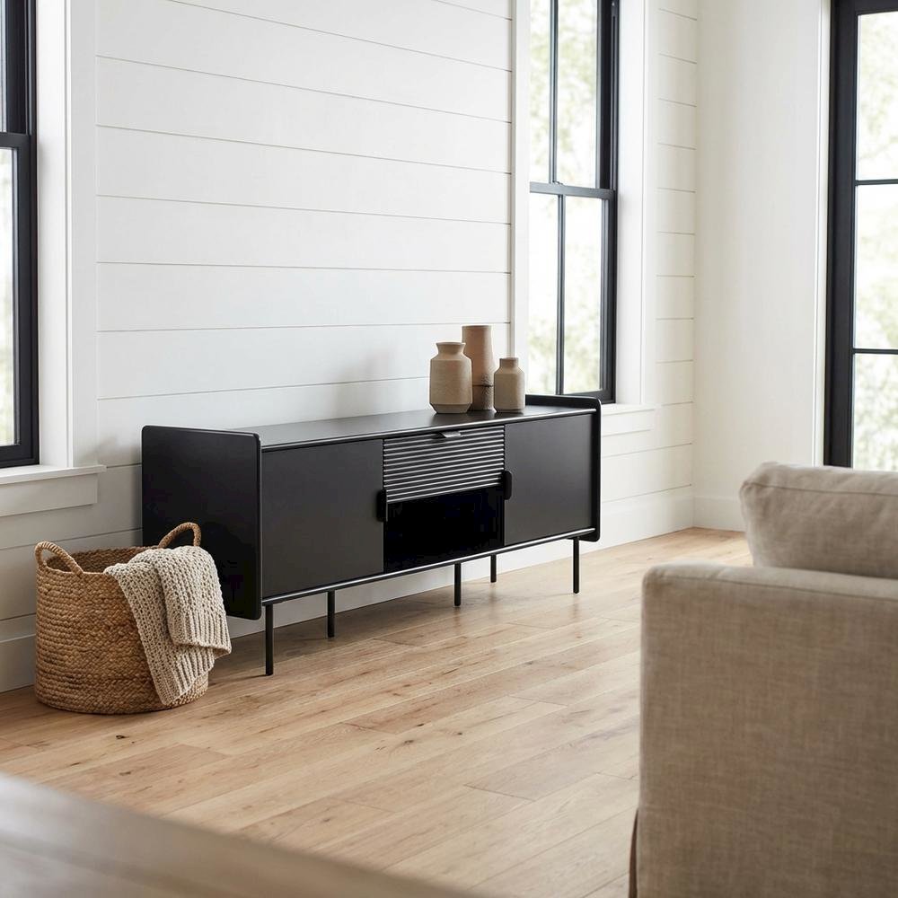 Black modern TV stand with storage drawers and cabinet doors. Picture 2