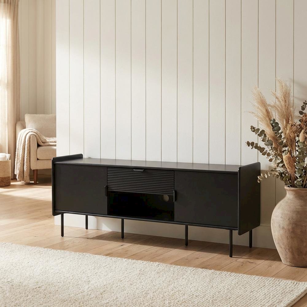 Black modern TV stand with storage drawers and cabinet doors. Picture 3