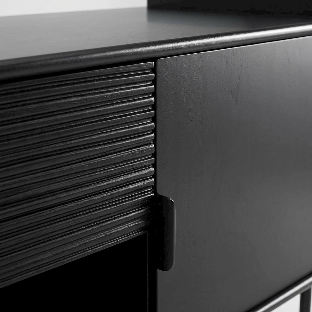 Black modern TV stand with storage drawers and cabinet doors. Picture 5