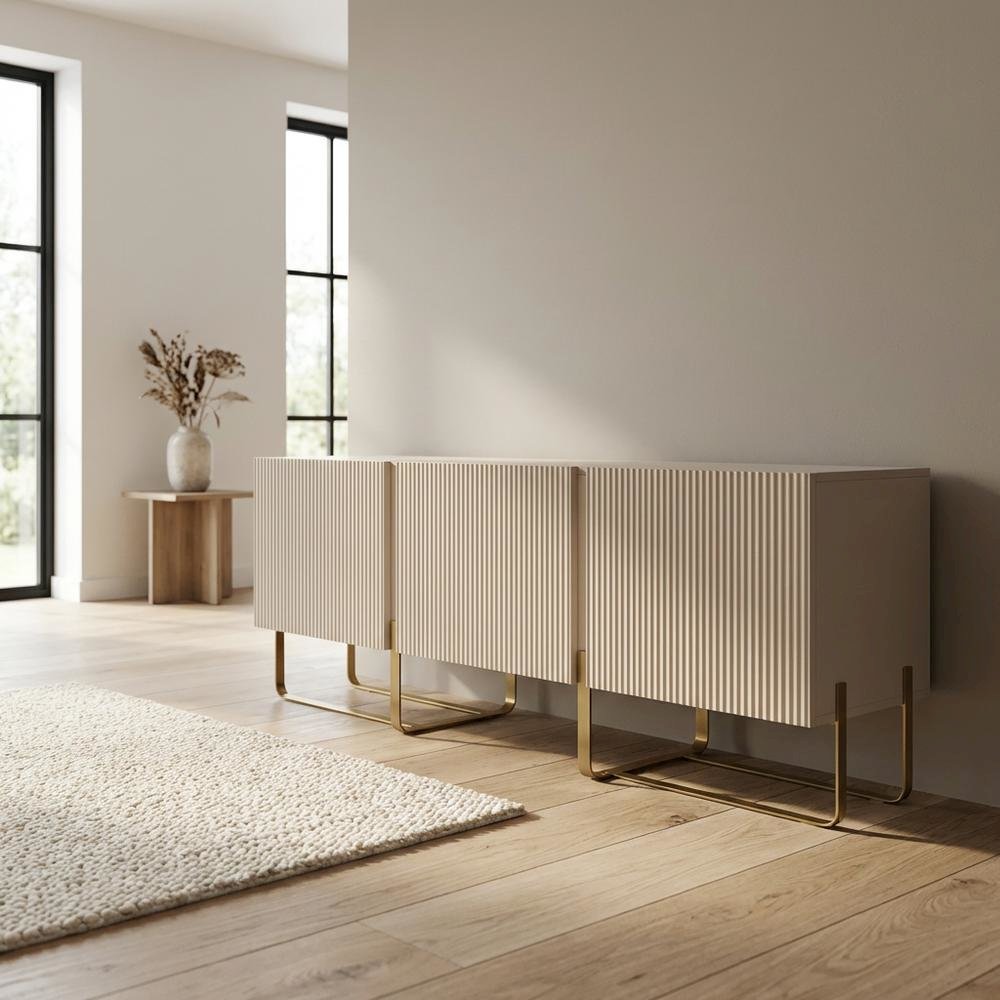 Beige Modern Wood TV Stand with 3 Cabinets for Living Room Storage. Picture 3