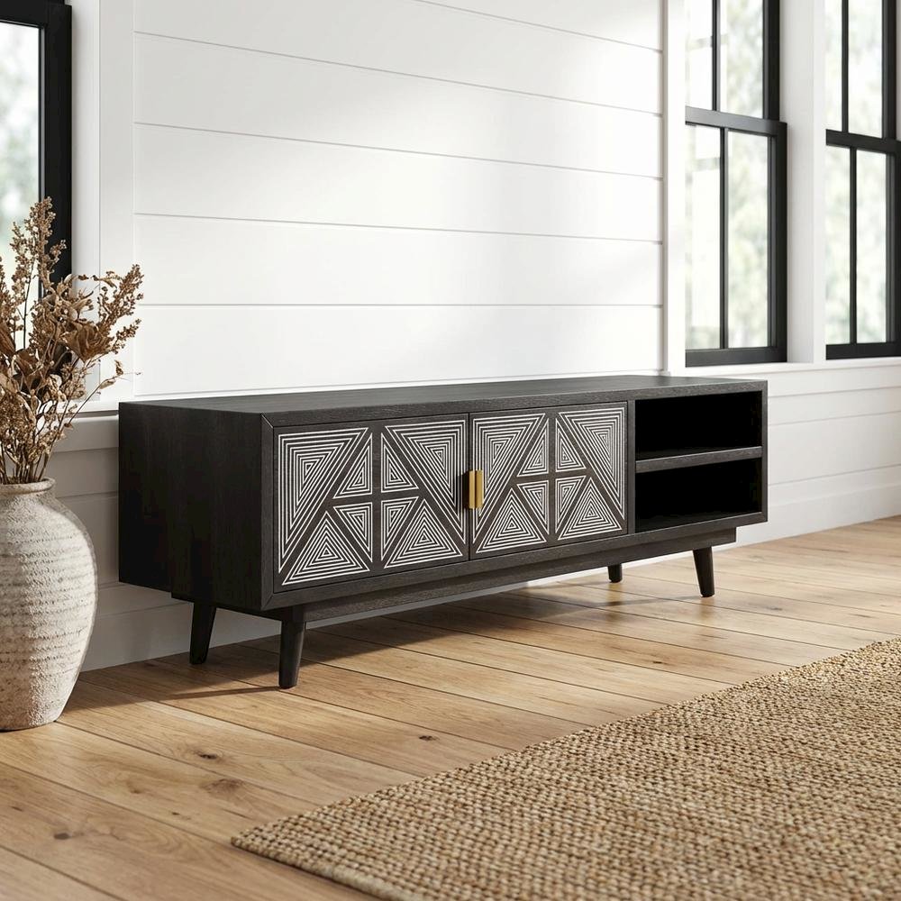 Black Art Deco TV Stand with 2 Doors and Engineered Wood Construction. Picture 2