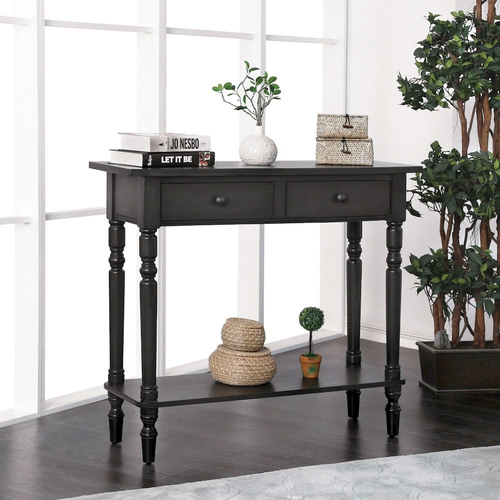 Gray Narrow Console Table – Entryway Table with 2 Drawers and Storage Shelf. Picture 4