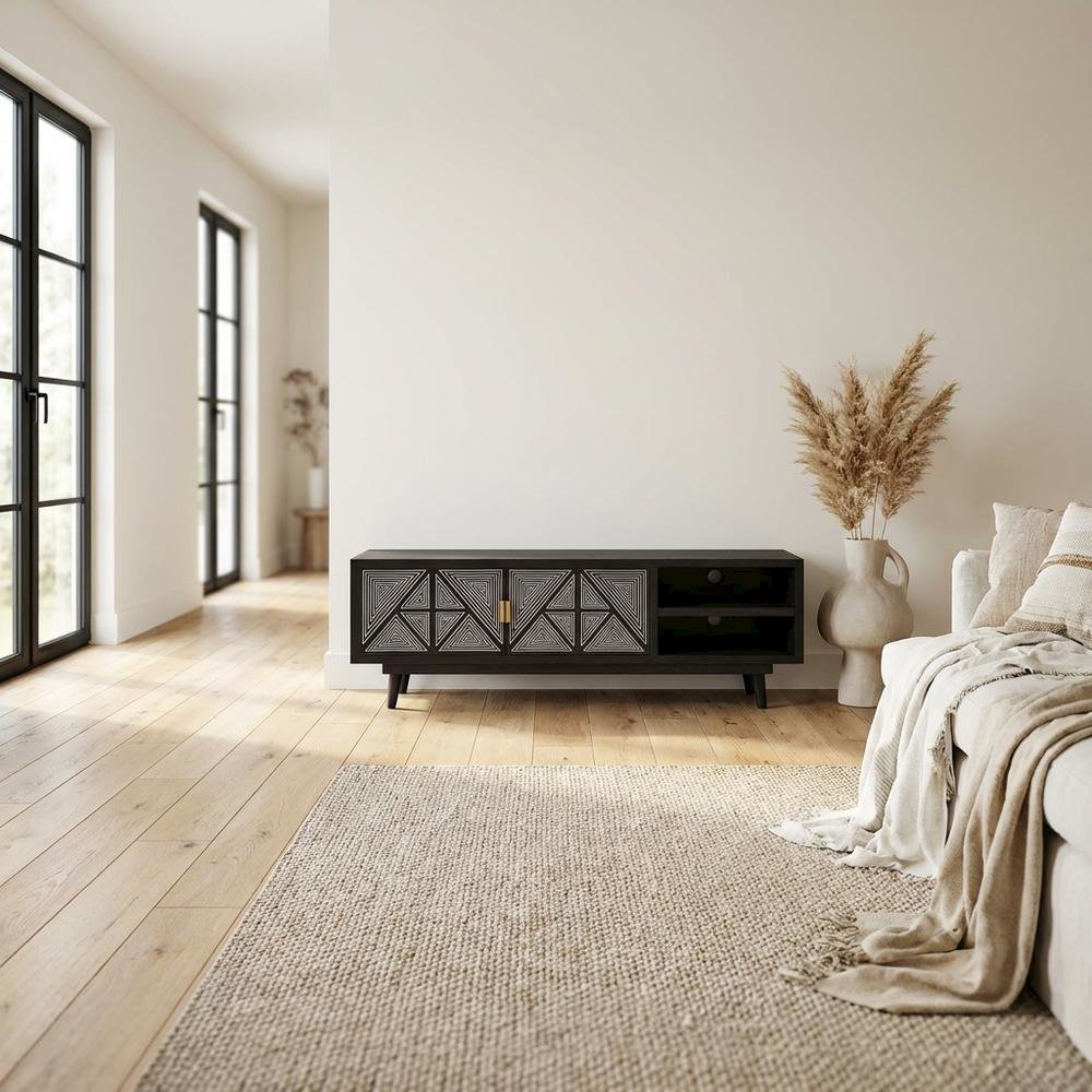 Black Art Deco TV Stand with 2 Doors and Engineered Wood Construction. Picture 3