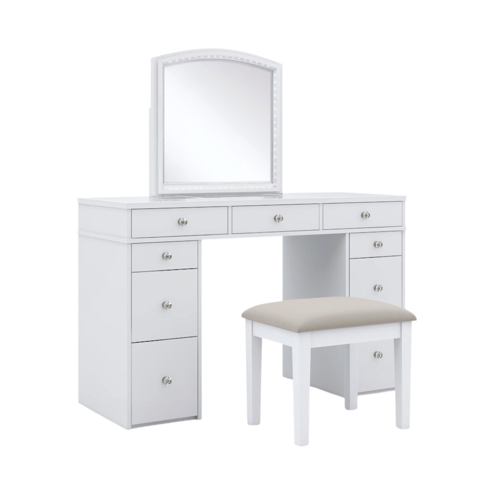 White Makeup Vanity Desk with Mirror and LED Lights – Vanity Desk Set With Stool. Picture 1