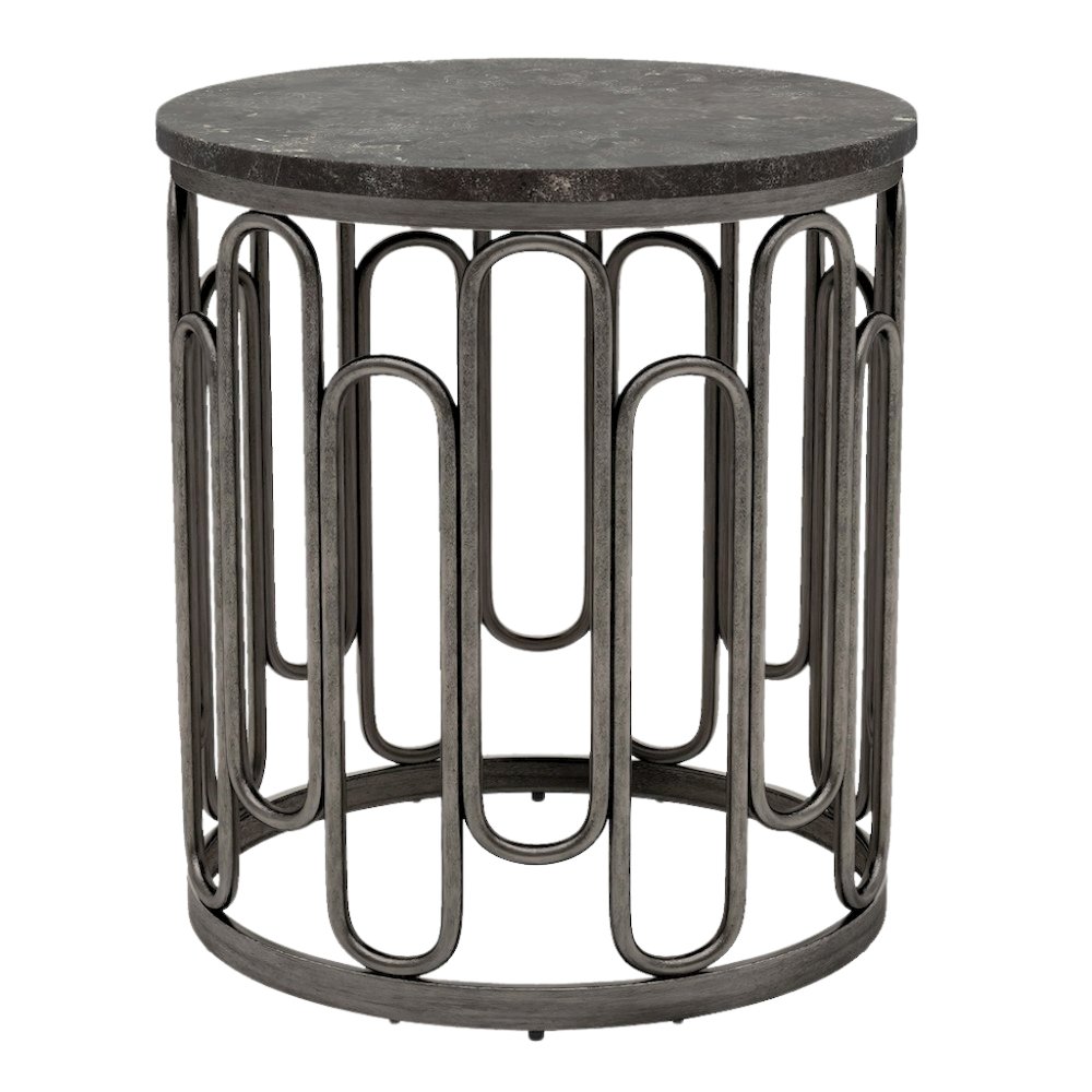 Gray Marble Top Round End Table with Black Iron Base – Small Marble End Table. Picture 1