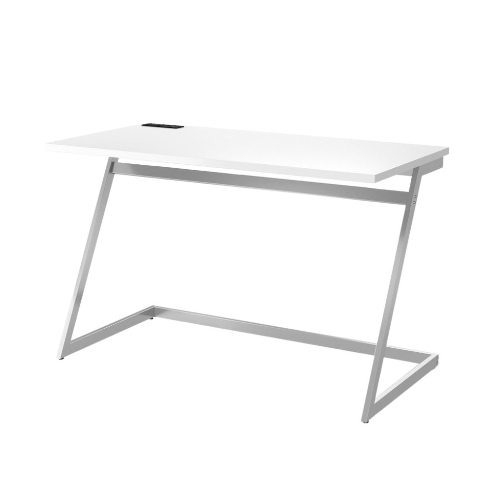 White Writing Desk – 47 Inch Steel Frame Computer Desk with USB