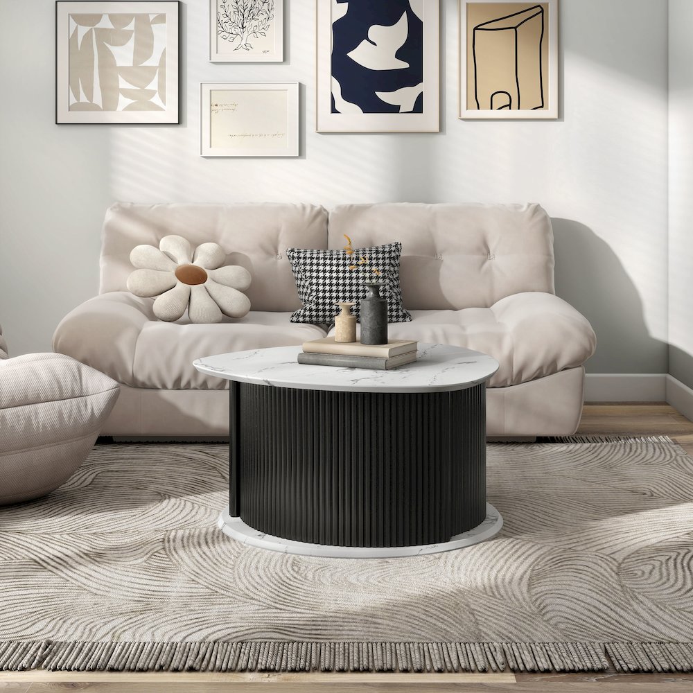 Talo Fluted Pedestal Triangle Storage Coffee Table. Picture 3