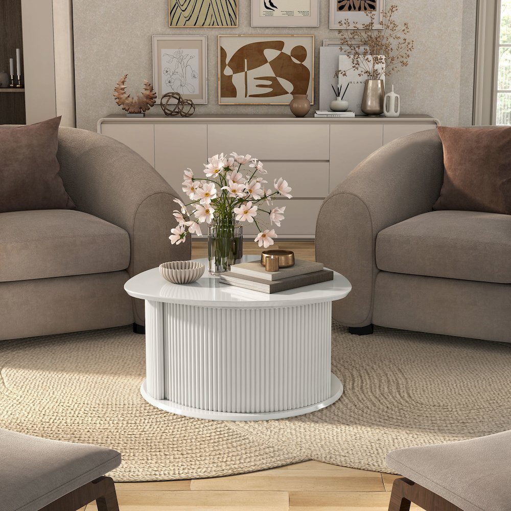 Talo Fluted Pedestal Triangle Storage Coffee Table. Picture 4