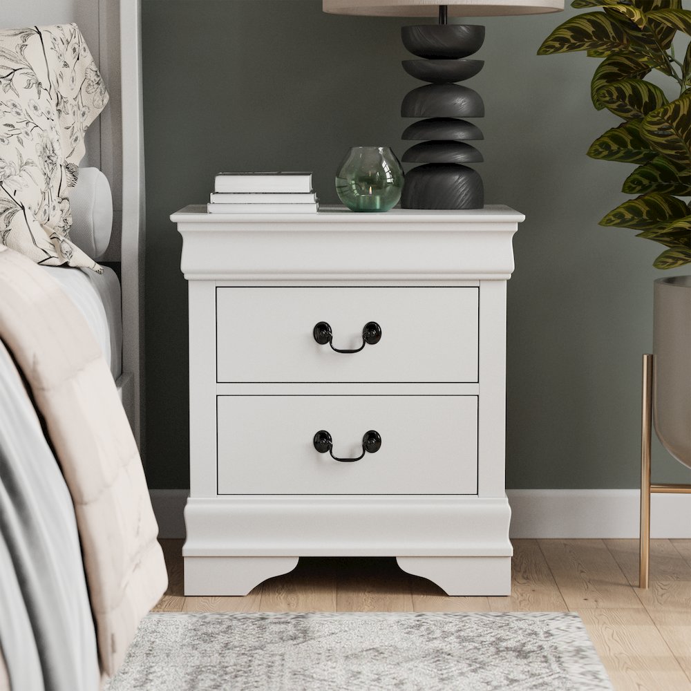 Arabella Traditional Wood 2-Drawer Nightstand in White. Picture 4