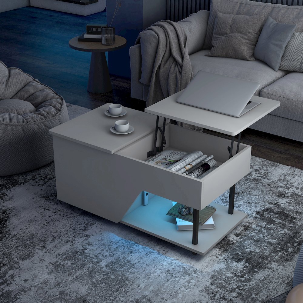 Starr White Lift Top Wood Coffee Table with RGB LED Light. Picture 4