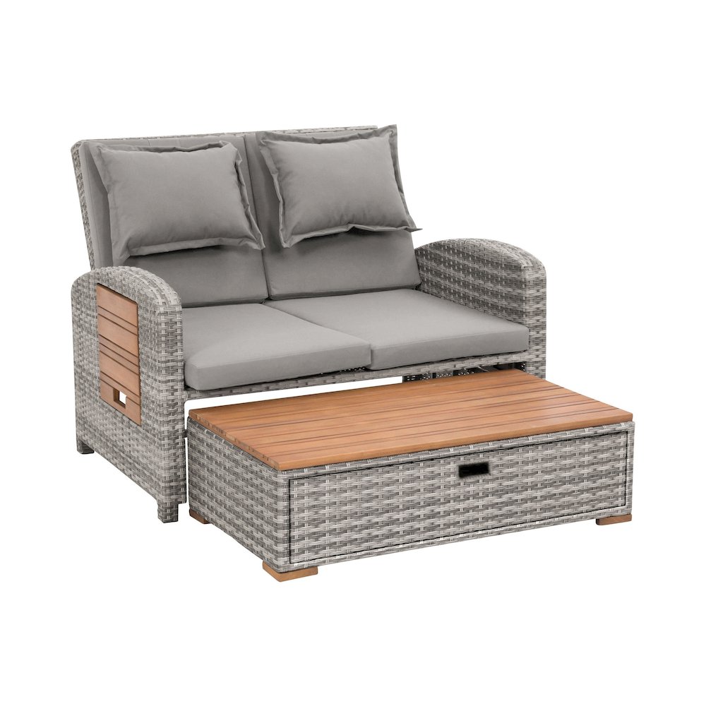 Bahia Faux Wicker Patio Reclining Lounge with Bench, Grey. Picture 1