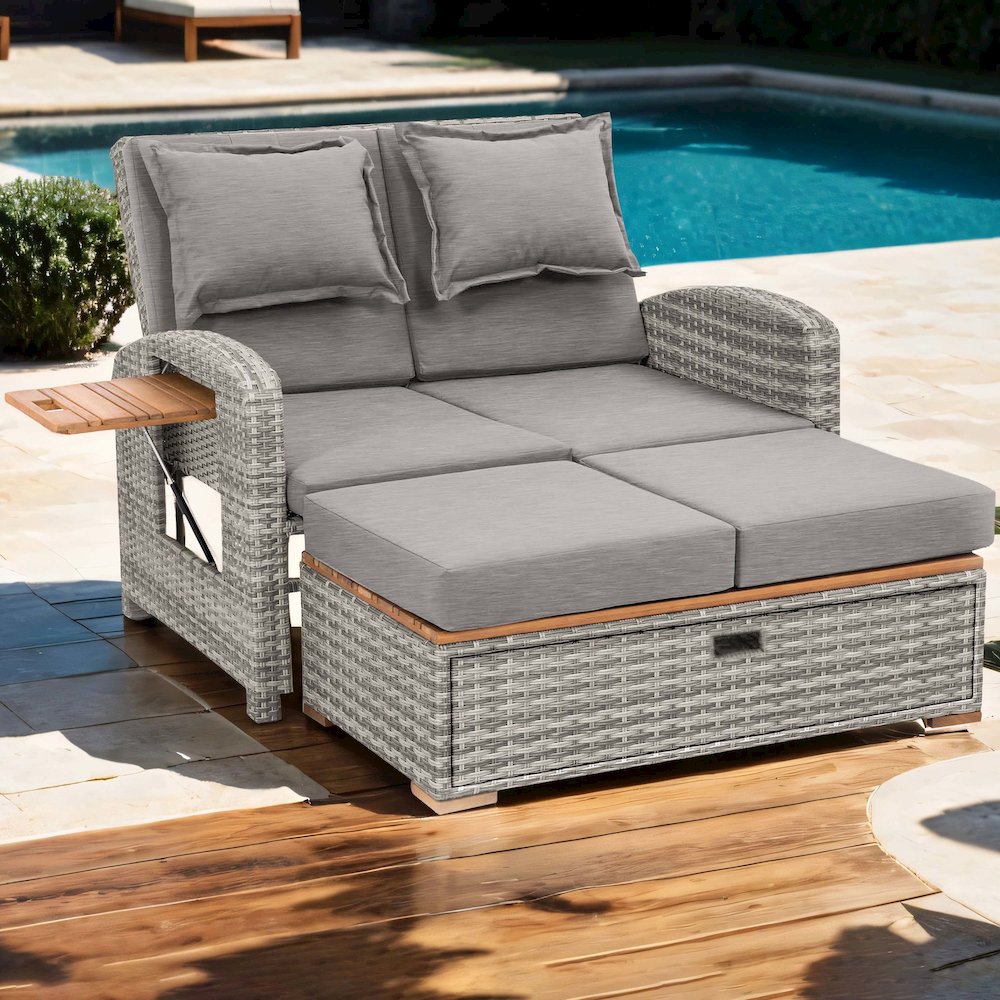 Bahia Faux Wicker Patio Reclining Lounge with Bench, Grey. Picture 4