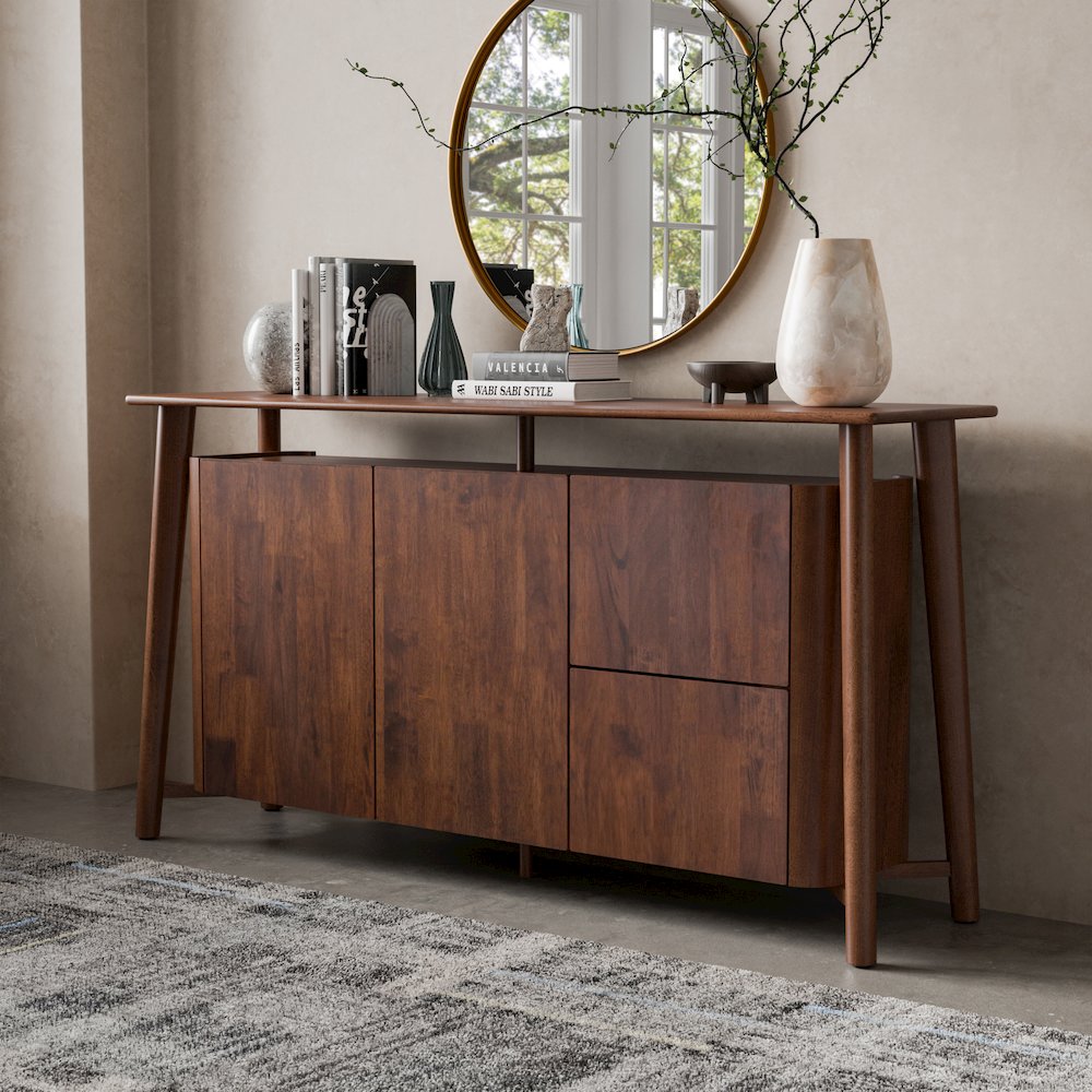 Pradan Rich Walnut Solid Wood 2-Drawer Dining Server. Picture 4