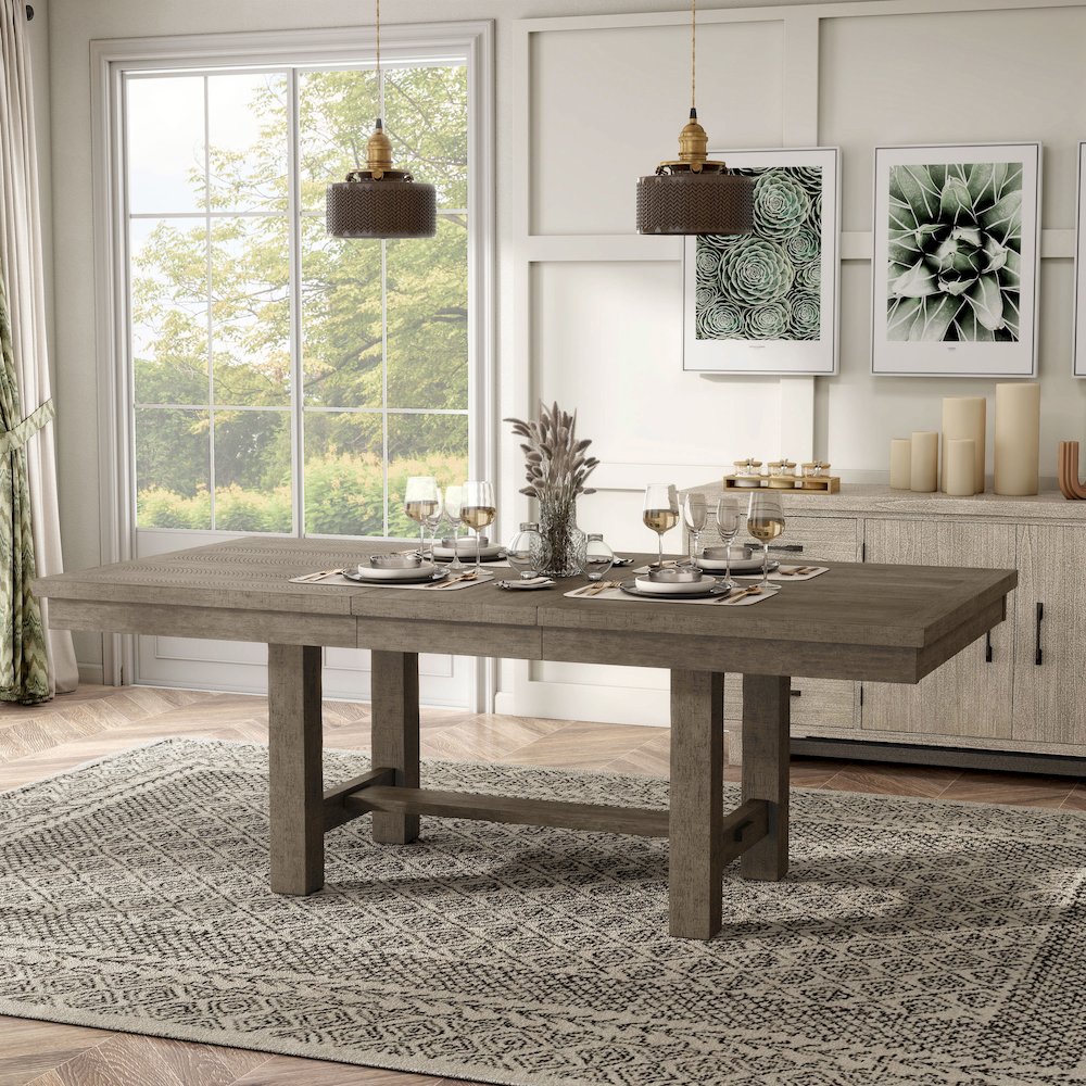 Atola Rustic Wood Trestle Expandable Dining Table in Grey. Picture 4