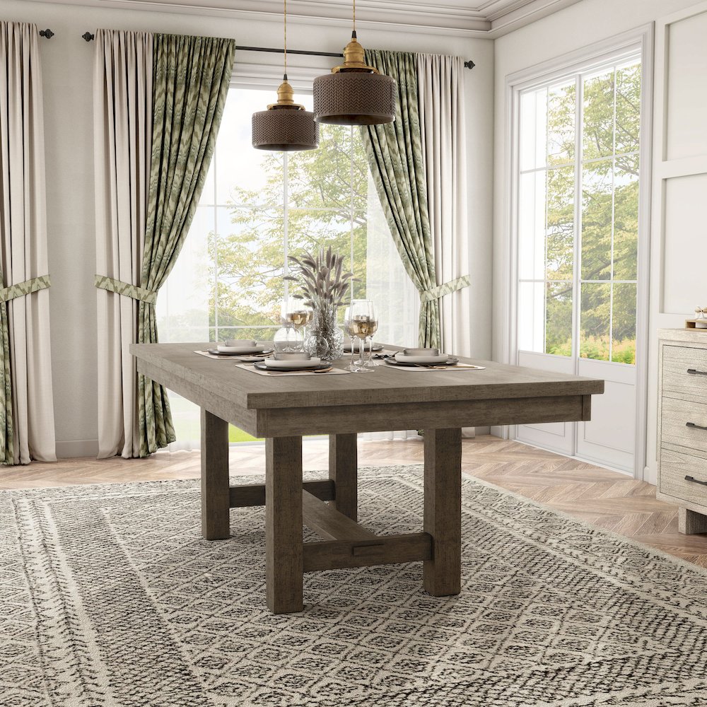 Atola Rustic Wood Trestle Expandable Dining Table in Grey. Picture 5