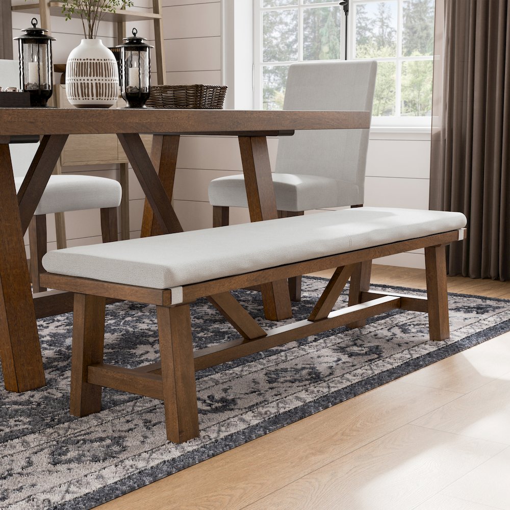 Zephyrine Padded Fabric and Wood Dining Bench in Brown. Picture 4