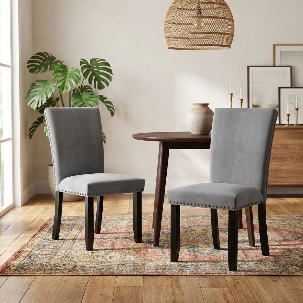 Light Grey Upholstered Side Chair Set with Comfortable Seat and Modern Design. Picture 2