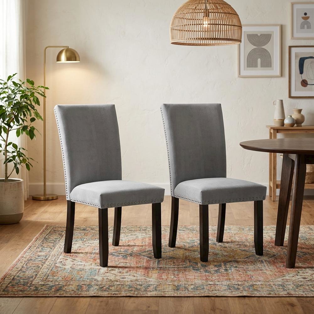 Light Grey Upholstered Side Chair Set with Comfortable Seat and Modern Design. Picture 3