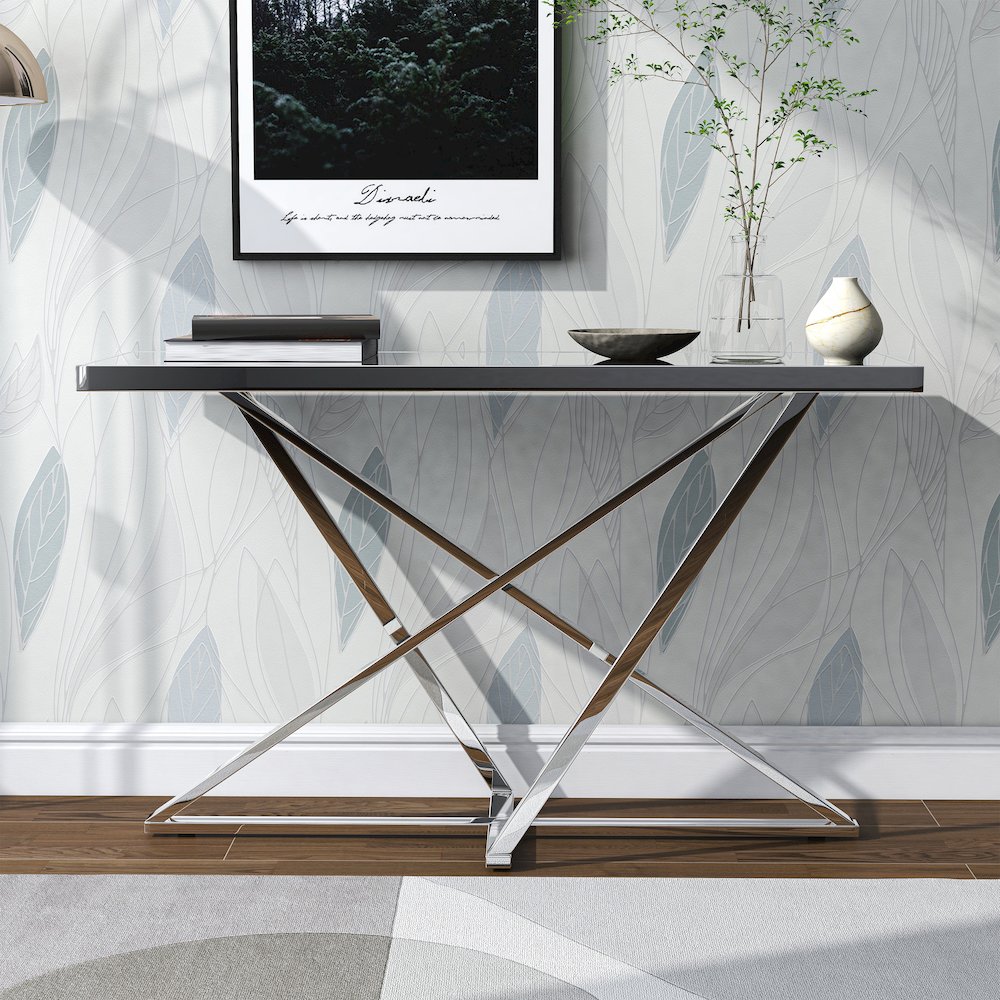 Ludington Contemporary Metal Sofa Table in Chrome. Picture 4