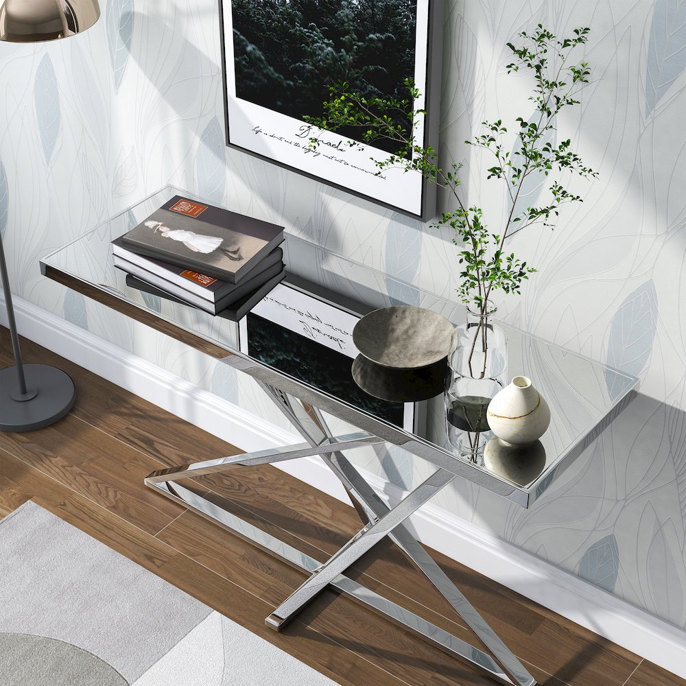 Ludington Contemporary Metal Sofa Table in Chrome. Picture 5