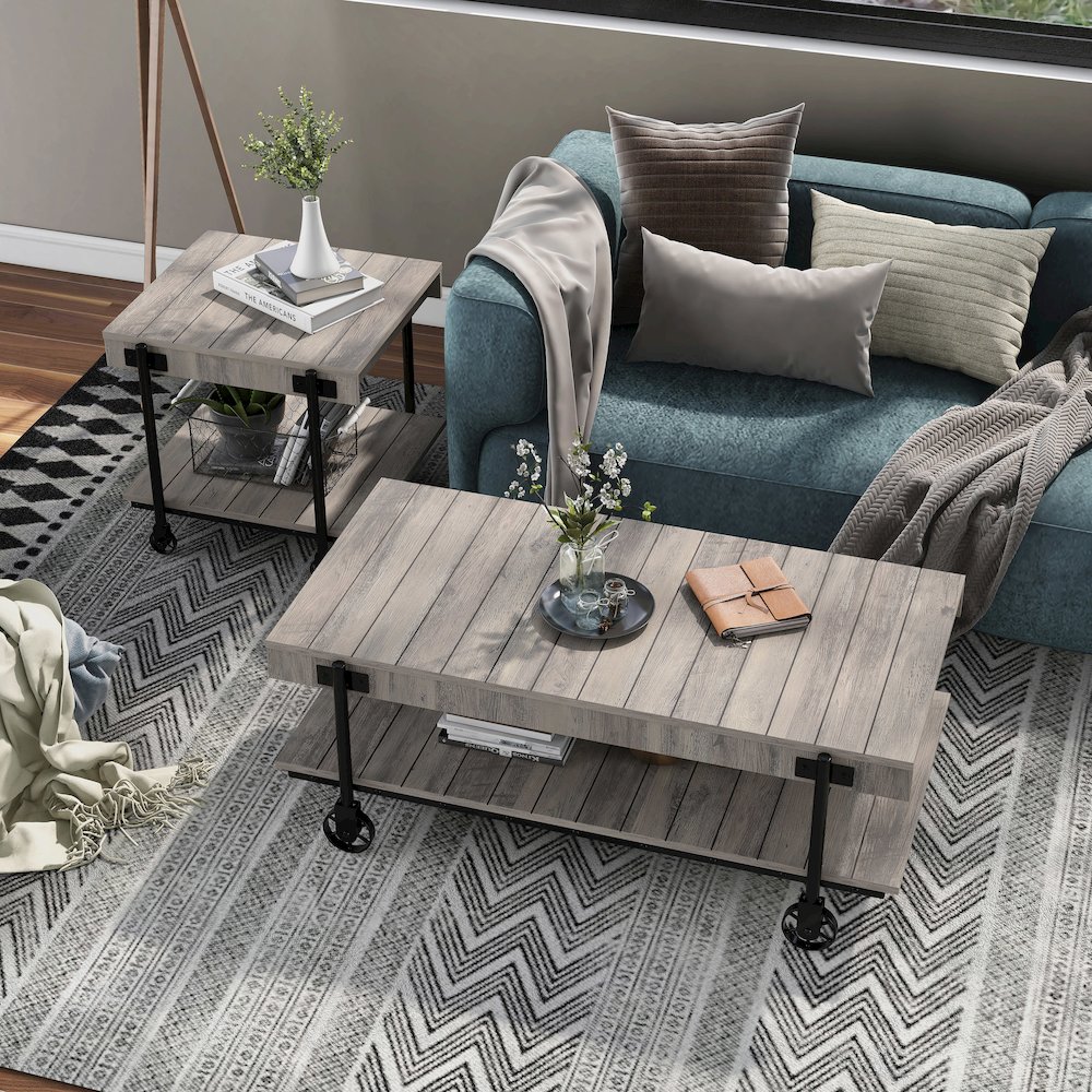 Acres Wood Natural 2-Piece Coffee Table Set with Wheels. Picture 4