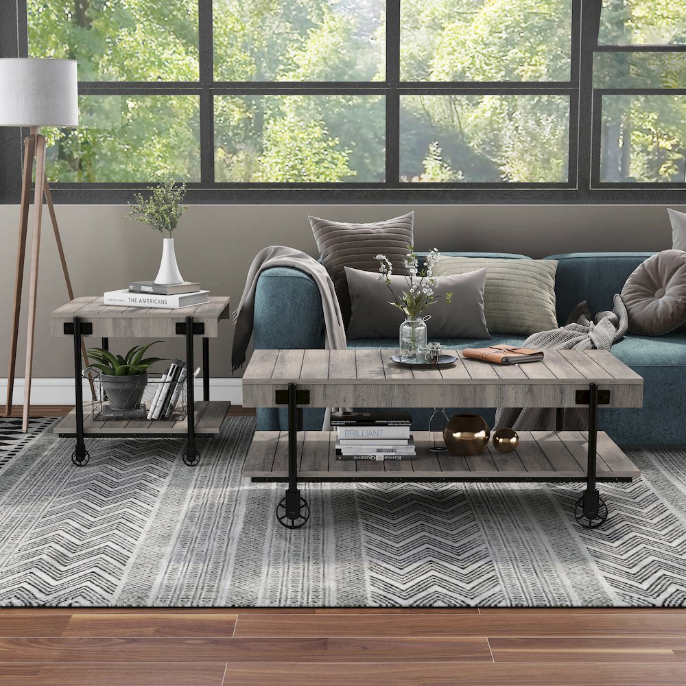 Acres Wood Natural 2-Piece Coffee Table Set with Wheels. Picture 5