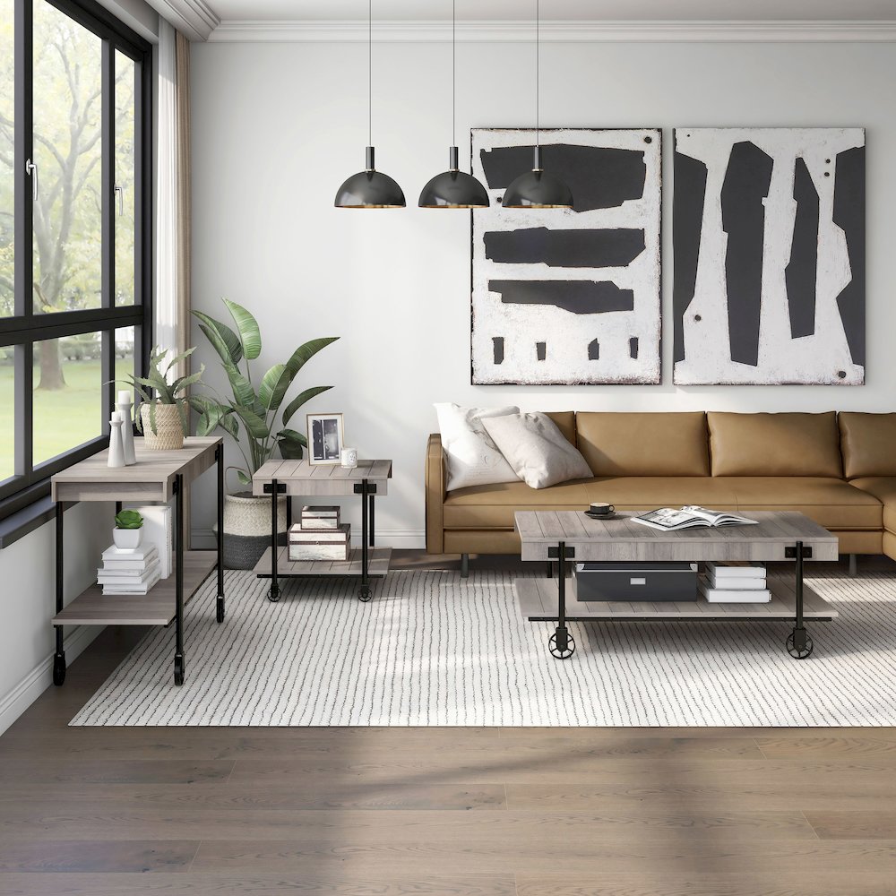 Acres Wood Natural 3-Piece Coffee Table Set with Wheels. Picture 2