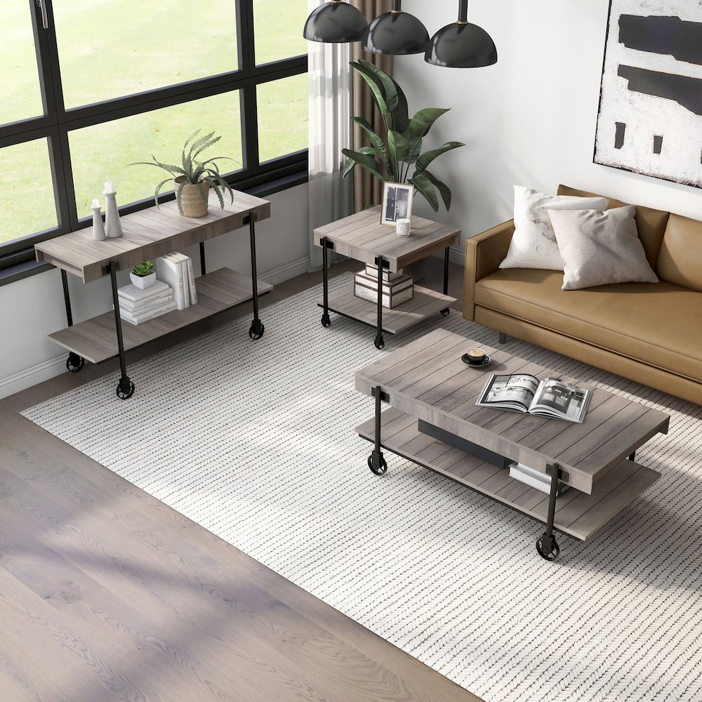 Acres Wood Natural 3-Piece Coffee Table Set with Wheels. Picture 3