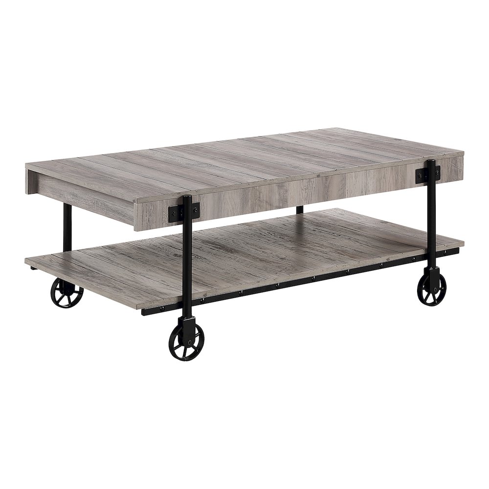 Acres Wood Natural Coffee Table with Metal Black Wheels. Picture 1
