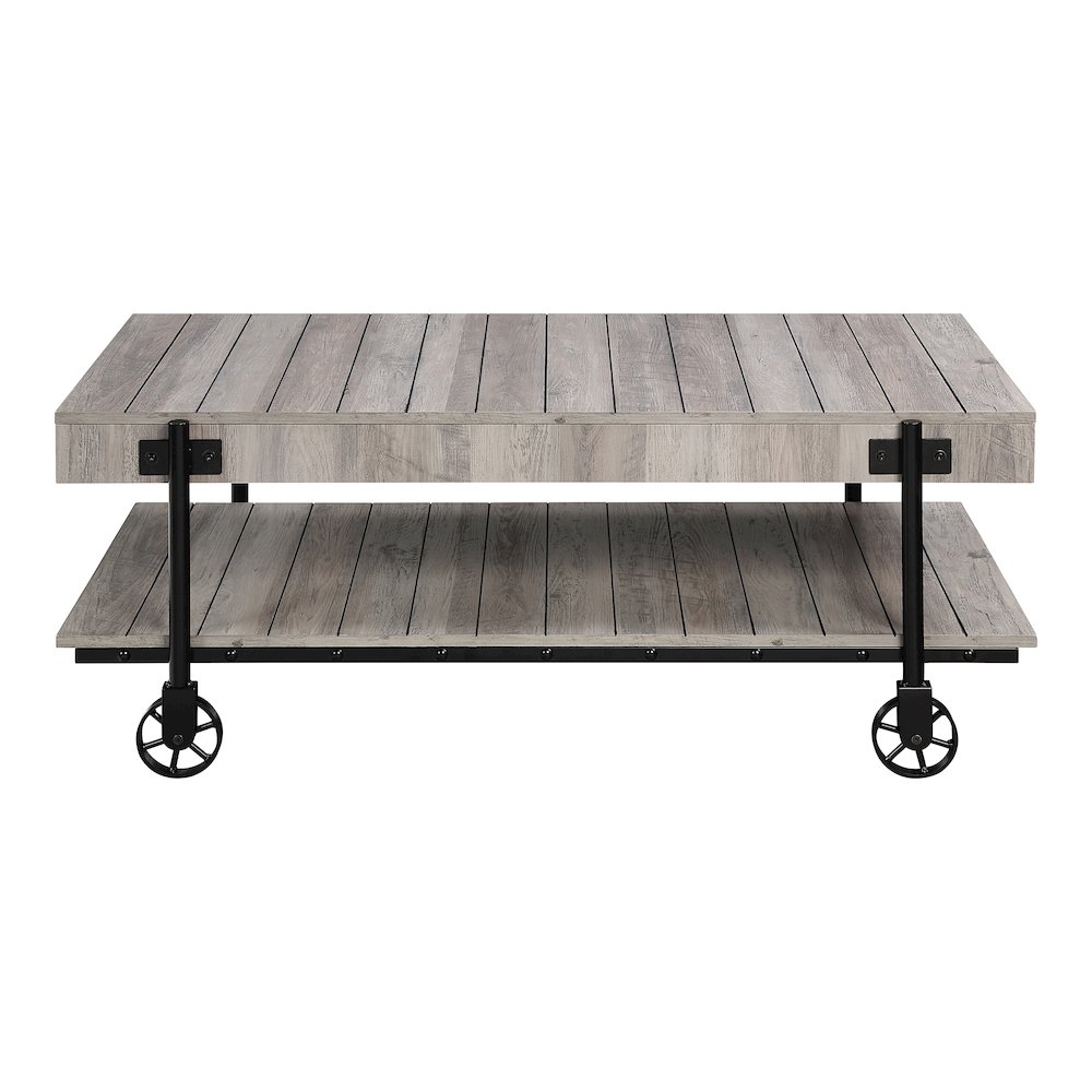 Acres Wood Natural Coffee Table with Metal Black Wheels. Picture 2