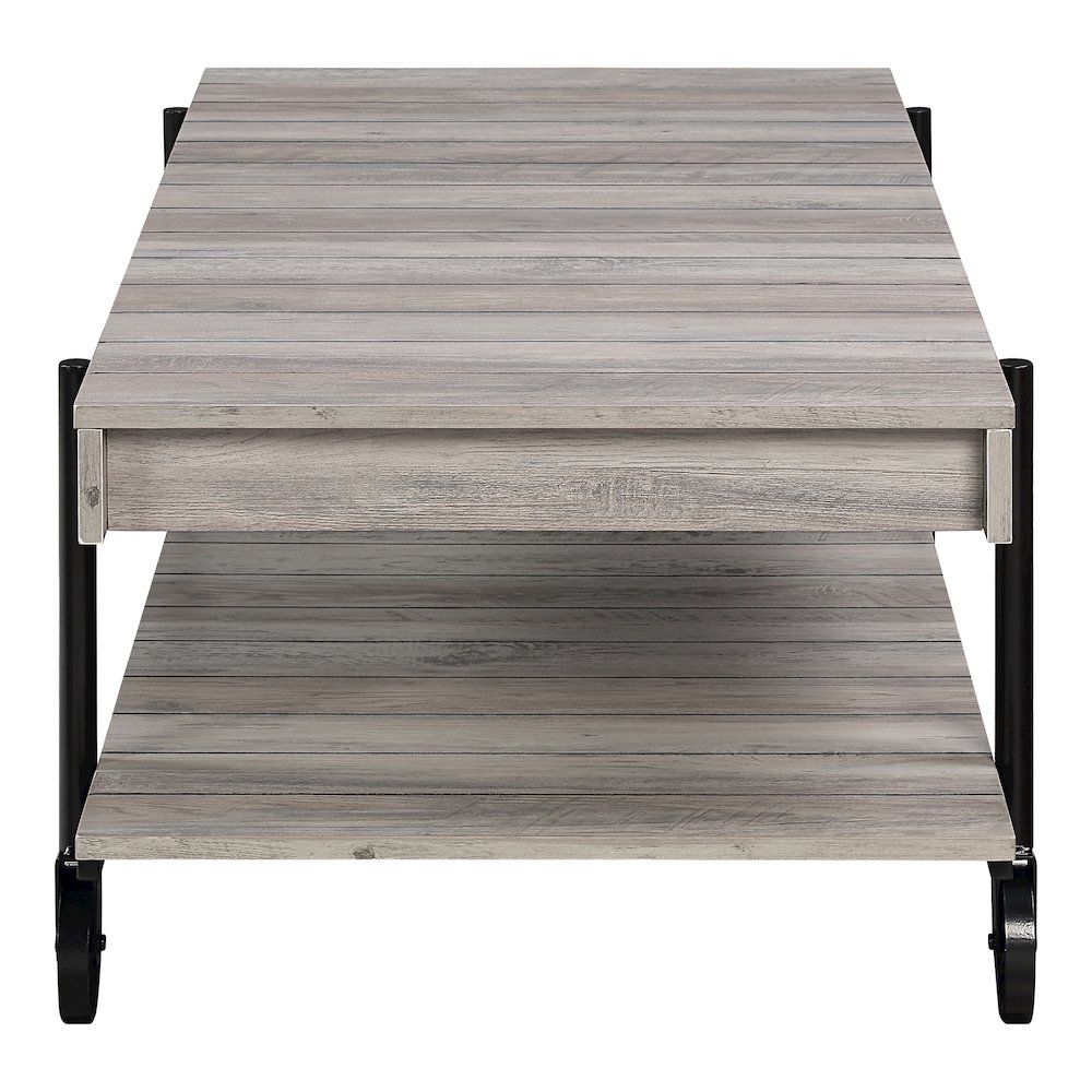 Acres Wood Natural Coffee Table with Metal Black Wheels. Picture 3