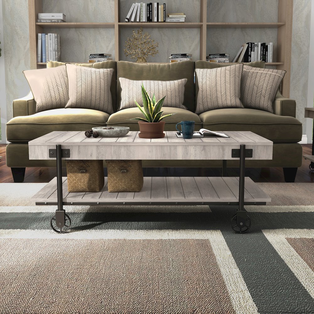 Acres Wood Natural Coffee Table with Metal Black Wheels. Picture 4