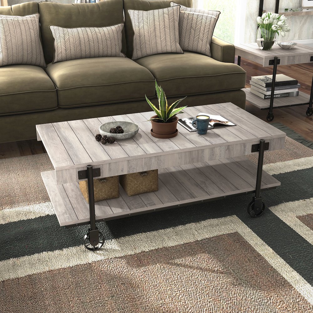 Acres Wood Natural Coffee Table with Metal Black Wheels. Picture 5